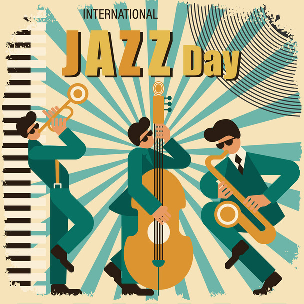 Винтажный плакат Международного дня джаза. Музыканты с саксофоном, контрабасом и трубой. Ретро-плакат, баннер, вектор - Вектор,изображение