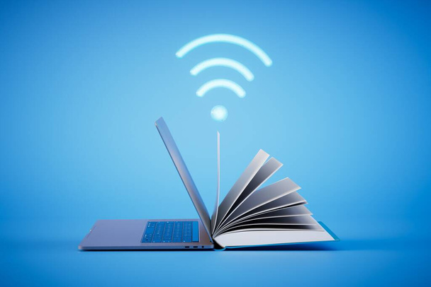την έννοια της online μάθησης. ανοιχτό βιβλίο και laptop με ένα εικονίδιο Wi-Fi σε μπλε φόντο. 3D απόδοση. - Φωτογραφία, εικόνα