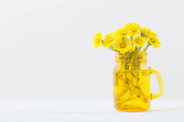 coltsfoot  flowers in yellow jar on white background - Zdjęcie, obraz