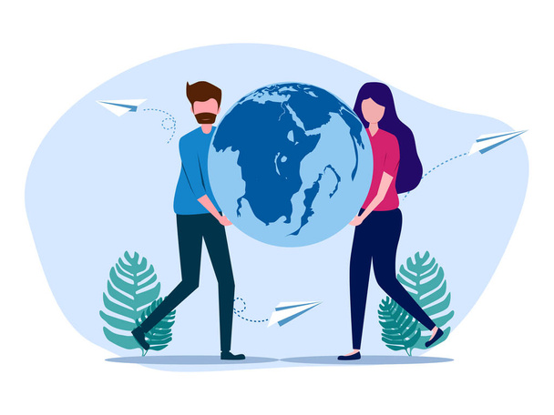man and woman holding  the globe. concept of sustainability or environmental protection vector - Vektor, Bild