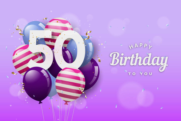 Wszystkiego najlepszego z okazji 50. urodzin z balonami. 50 lat rocznicy. Pięćdziesiąte świętowanie z konfetti. Zasoby wektora - Wektor, obraz