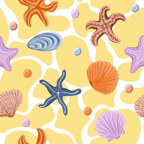 Бесшовный рисунок с различными морскими раковинами и морскими звездами. Морские жители - Вектор,изображение