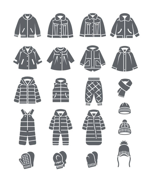 Dětské teplé zimní oblečení pevné siluety ikony. Bundy, kabáty, sněhové kombinézy, vesty, klobouky a palčáky. Jednoduché piktogramy dětského oblečení. Základní výbava pro batole, chlapeček, holčička - Vektor, obrázek