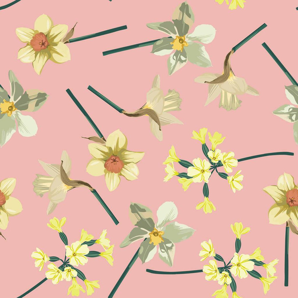 Elegance Seamless pattern with flowers narcissus on pink background, floral illustration in modern style.  Floral pattern for invitations, cards, print, gift wrap, manufacturing, textile, fabric. - Vektor, kép