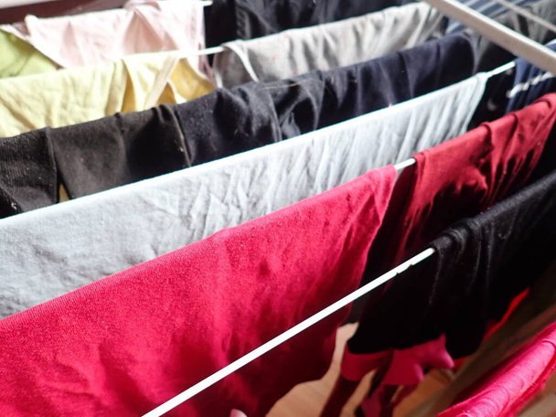fresh washed laundry on a drier rack at home - 写真・画像