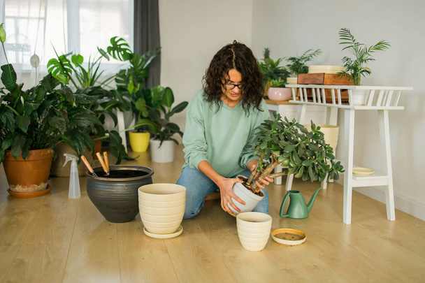 Spring hobby happy young woman transplanting in flower pot houseplant with dirt or soil at home. Gardening plant and green tropical - Fotografie, Obrázek