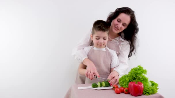 teach a boy to cut vegetables mother teaches her son to cut a cucumber she hugged him and helps him cut vegetables into circles with a knife love caring family communication prepare healthy vegetable - Materiał filmowy, wideo