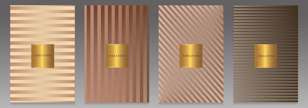 Elegant cover design set. Pattern with brown and beige lines. Modern brochures and backgrounds: vertical, horizontal and oblique stripes, glossy and metallic effect. - Vector, Image