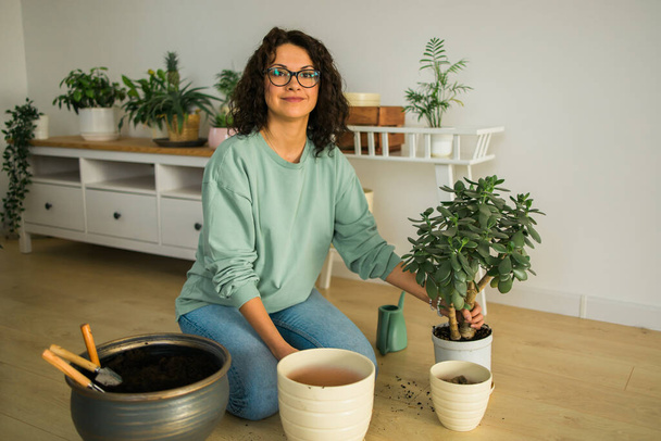 Woman gardener transplanting green plants in ceramic pots on the floor. Home garden and potted plants - Fotografie, Obrázek