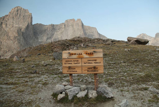 Boundary sign between Bridger Wilderness and Popo Agie Wilderness on Jackass Pass in Wind River Range, Wyoming - Photo, Image