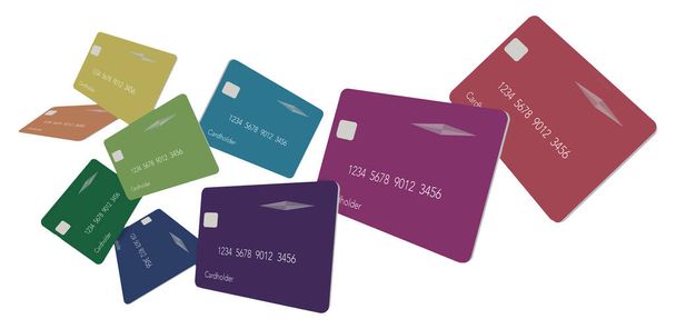 Дев'ять кредитних карток або дебетових карток в кольорах спектру плавають над білим тлом на цій 3-D ілюстрації
. - Фото, зображення