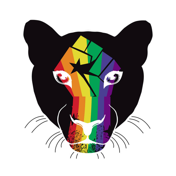 T-shirt ontwerp van een gebalde vuist en een zwarte panter gezicht. vectorillustratie voor zwarte geschiedenismaand. gay trots poster - Vector, afbeelding