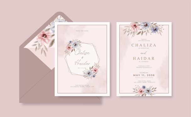 Мягкий цветочный шаблон приглашения свадьбы акварелью - Вектор,изображение
