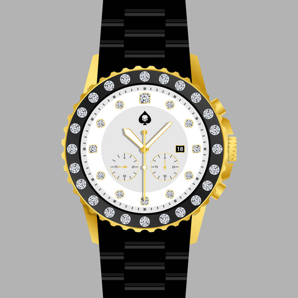 Мужчины Золото и полные бриллианты Часы из нержавеющей стали Роскошный минималистский кварцевые наручные часы Мужчины бизнес случайные часы черный ремень - Вектор,изображение