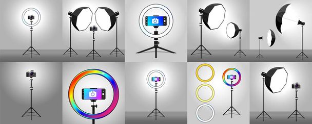 Set Photography studio with soft box light, camera, tripod ring light phone illustration - Vector, Imagen