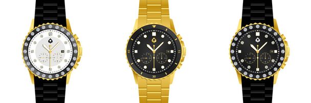 Set Mens Gold and diamonds Stainless Steel Watches Luxury Minimalist Quartz Wrist Watch Men Business Casual Watch black strap - Vecteur, image