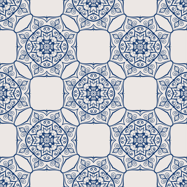 Vintage tile pattern. Seamless blue and white background with abstract flower design elements. Symmetric oriental tiles. Azulejo vector ornament - Vecteur, image