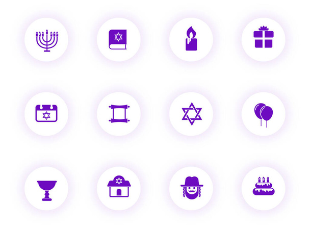 hanukkah purple color vector icons on light round buttons with purple shadow. hanukkah icon set for web, mobile apps, ui design and print - Vektor, obrázek