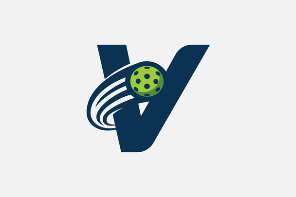 Логотип с буквой V и движущимся мячом для любого бизнеса, особенно маринованных магазинов, тренировок по маринованию, клубов и т.д. - Вектор,изображение