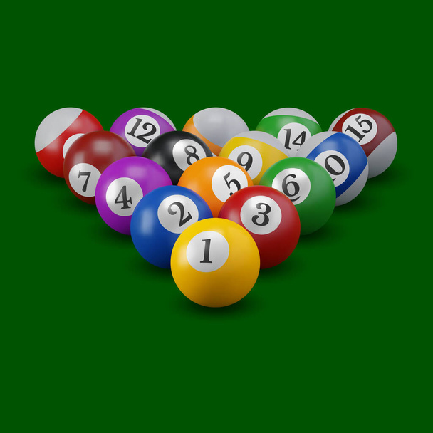 Pool or American billiards balls with numbers on the green table, ready to game. Snooker color balls arranged in a triangle. Vector 3d realistic illustration - Vettoriali, immagini