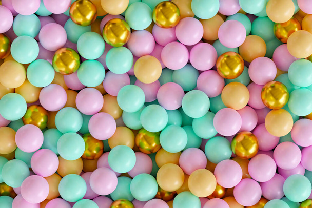 Bolas coloridas y brillantes, caramelos dulces o goma de mascar. Fondo brillante con un montón de bolas multicolores. Ilustración realista del render 3d - Foto, Imagen