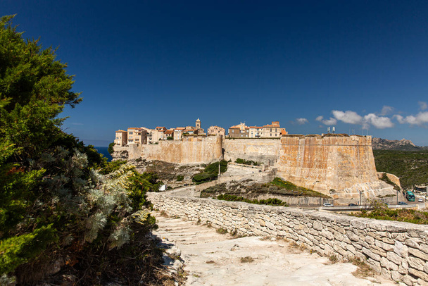 View the Old Town of Bonifacio, the limestone cliff, South Coast of Corsica Island, France - Photo, image