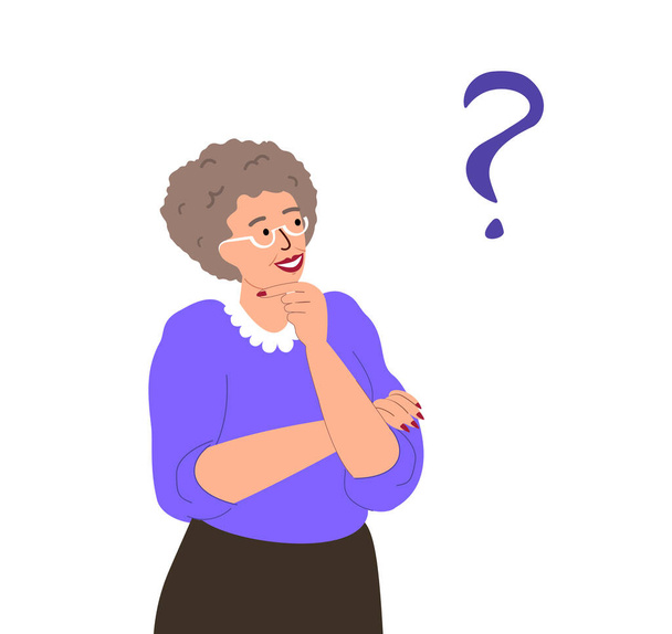 Pensive Elderly Retired Woman.Old Forgetful Senior Character Thinking,Alzheimer Disease.Confused Grandmother Forget and Trying Remember.Elderly Woman has Psychological Problem.Troubled Worried Person - Vector, Image