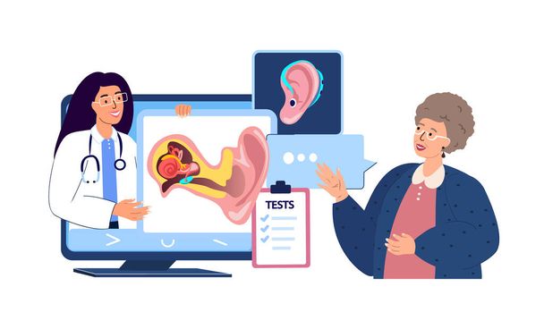 Online Audiologist ENT-Doctor Consultate Old Retired Woman Patient.Inflammation Ear.Hearing Anatomy Structure.Otitis Pain,Digital Treatment.ORL Clinic.Internet Medical Hospital Diagnostic.Illustration - Vector, Image