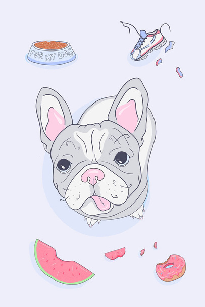 Ranskalainen bulldoggi. Söpö koira. Käsin piirretty piirros sarjakuvahahmo hauska koira. Koiranpentu Vektorikuvitus. Tulosta, suunnittelu kangas, tekstiili, kortti - Vektori, kuva