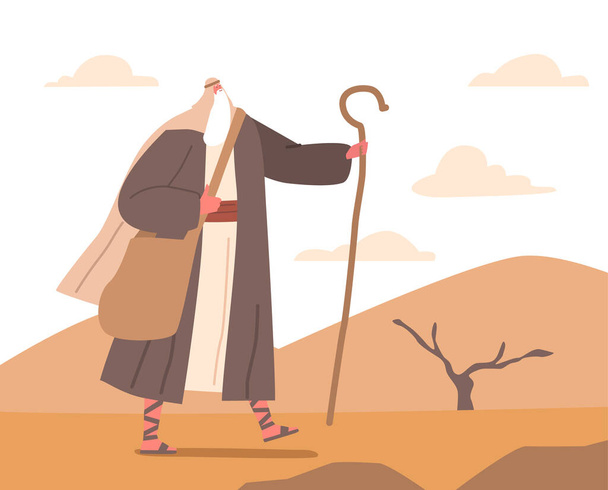 Der biblische Moses steht hoch in der Wüste und hält einen Stab, der die göttliche Führung und Führung für Menschen auf Reisen symbolisiert. Prophet Charakter an Sanddünen und Wolken Hintergrund. Zeichentrickvektorillustration - Vektor, Bild