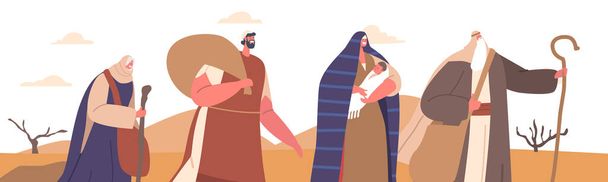 Moses Character Guides Israelitas através do fundo do deserto com dunas de areia. Homem com pessoal criado na mão guiando as pessoas para a Terra Prometida. Fé, Liderança, Conceito de Esperança. Desenhos animados Vector Ilustração - Vetor, Imagem