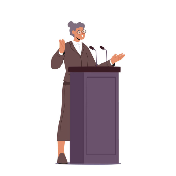 Female Character Giving Speech On Tribune Addressing A Large Audience With Passion And Conviction. Concept of Public Speaking For Political, Social, Or Educational Content. Cartoon Vector Illustration - Vector, afbeelding