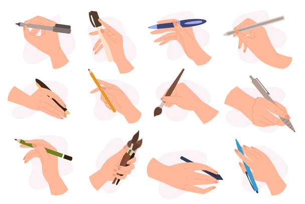 Set di mani umane che tengono vari strumenti di scrittura come matita, penna o pennarello, penna d'oca e pennello. Collezione che presenta la creatività e la versatilità della mano. Illustrazione del vettore del fumetto - Vettoriali, immagini