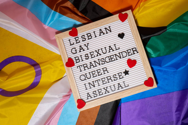 LGBTQIA description frame on Rainbow LGBTQIA flag made from silk material. LESBIAN, GAY, BISEXUAL, TRANSGENDER, QUEER, INTERSEX, ASEXUAL. Symbol of LGBTQ pride month. Equal rights. Peace and freedom - Φωτογραφία, εικόνα