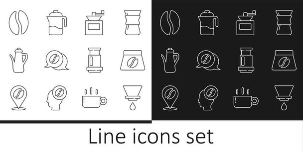 Set line V60 coffee maker Bag beans Manual grinder Coffee and conversation Teapot Aeropress and French icon. Vector. - Vector, imagen
