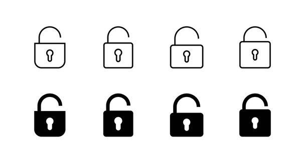 Desbloquear iconos establecidos. Desbloquear signo y símbolo. icono de candado desbloqueado - Vector, imagen