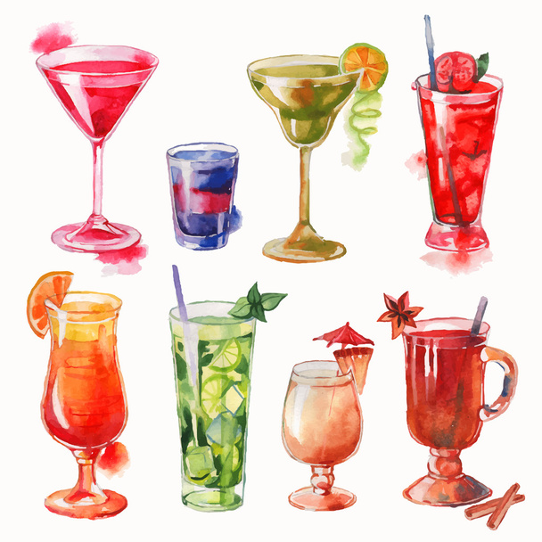 Set of watercolor cocktails - Vector, Image