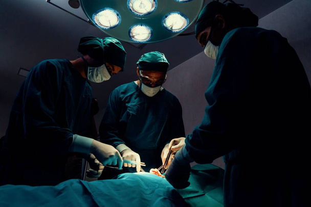 Das Chirurgenteam operiert den Patienten im sterilen Operationssaal. In einem von einer Lampe beleuchteten Operationssaal versorgt ein professionelles und selbstbewusstes Chirurgenteam einen bewusstlosen Patienten. - Foto, Bild