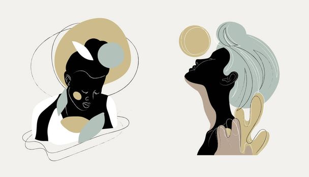 Vector hand drawn minimalistic illustration of woman portrait. Creative abstract artwork with oriental girl . Template for card, poster, banner, print for t-shirt, pin, badge, patch. - Вектор,изображение