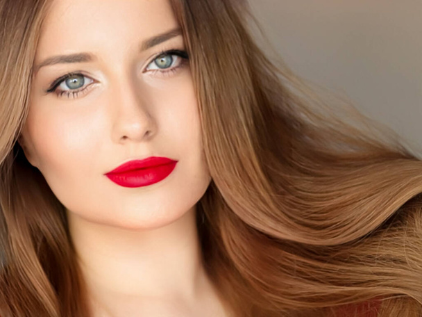 Hairstyle, beauty and hair care, beautiful woman with long healthy hair, model wearing matte red lipstick makeup, glamour portrait for hair salon and haircare. - Foto, afbeelding