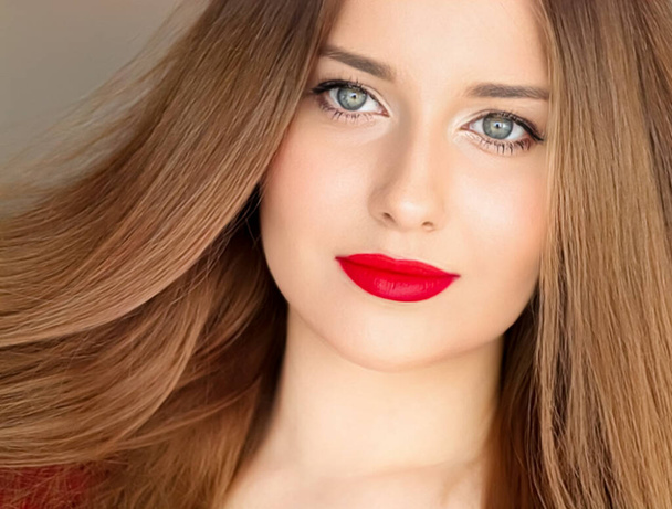 Hairstyle, beauty and hair care, beautiful woman with long healthy hair, model wearing matte red lipstick makeup, glamour portrait for hair salon and haircare. - Photo, image
