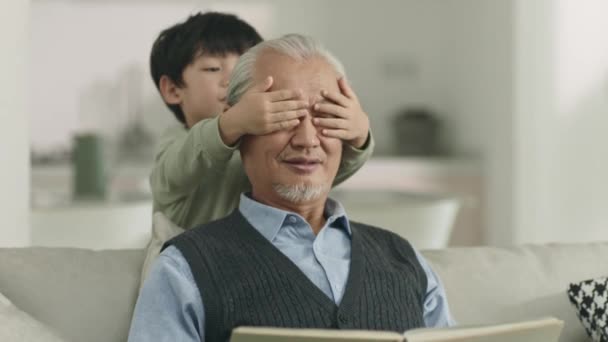 roztomilý malý asijský chlapec hrát s dědečkem doma - Záběry, video
