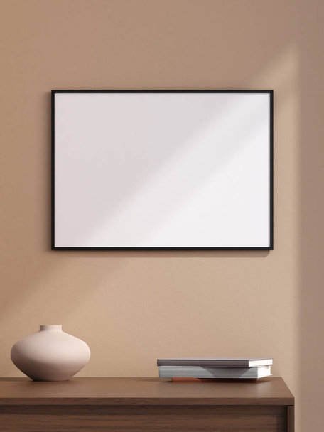 Minimalistický krajinářský černý plakát nebo fotorámeček v moderním designu stěn obývacího pokoje s vázou a stínem. 3D vykreslování. - Fotografie, Obrázek