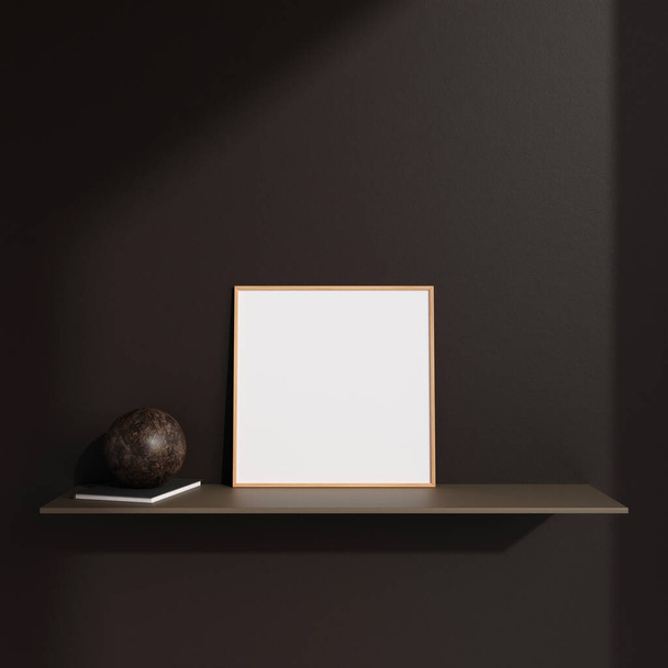 Minimalistický čtvercový dřevěný plakát nebo fotorámeček v moderním designu interiéru obývacího pokoje s dekorací a stínem. 3D vykreslování. - Fotografie, Obrázek