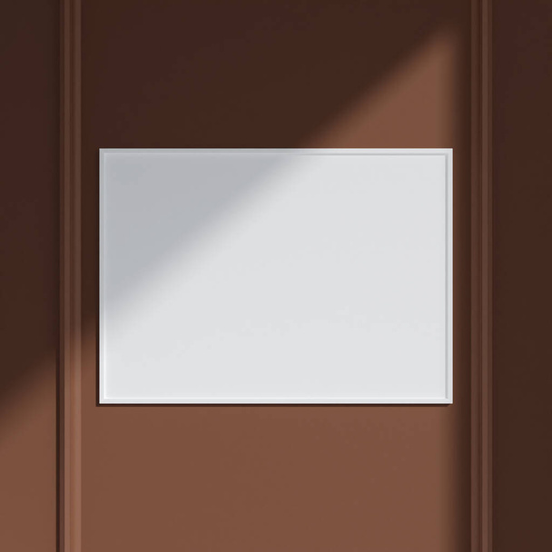 Minimalistický horizontální bílý plakát nebo fotorámeček v elegantním designu interiéru obývacího pokoje s dekorací a stínem. 3D vykreslování. - Fotografie, Obrázek