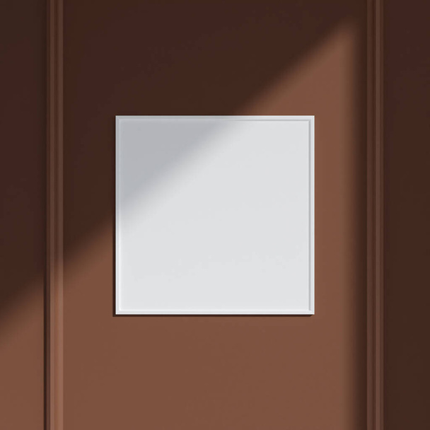 Minimalistický čtvercový bílý plakát nebo fotorámeček v elegantním designu interiéru obývacího pokoje s dekoracemi a stíny. 3D vykreslování. - Fotografie, Obrázek