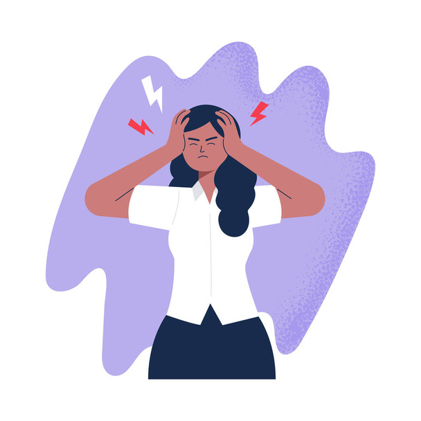 Woman with a headache. Tension, fatigue, and pain. A mental health problem. Vector flat illustration isolated on the white background. - Vektori, kuva