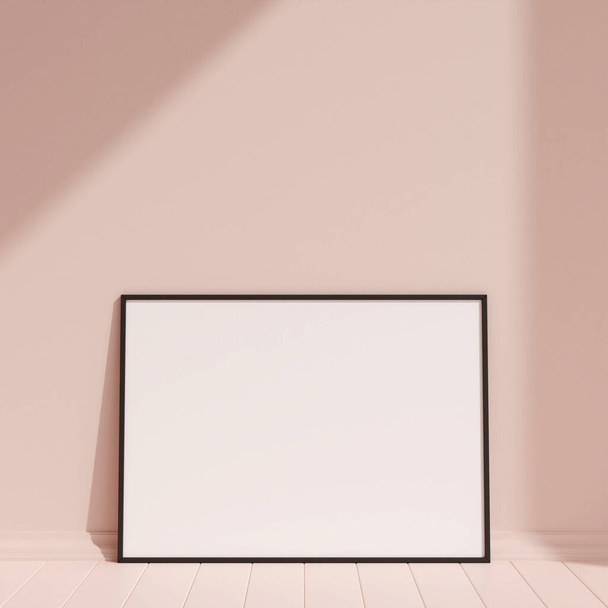 Clean and minimalist front view horizontal black photo or poster frame mockup leaning against the wall with shadow. 3d rendering. - Foto, immagini