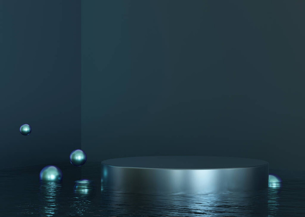 Podium standing in water, on dark blue background. Beautiful mock up for product, cosmetic presentation. Pedestal or platform for beauty products. Empty scene, stage. 3D rendering - Fotografie, Obrázek