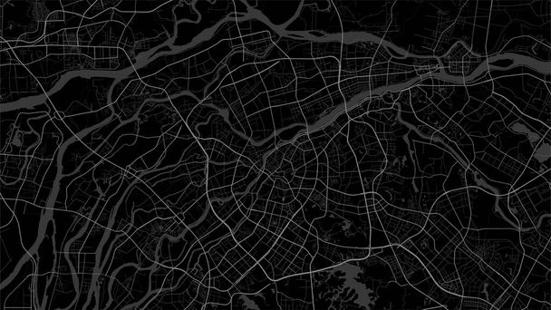 Dark black Dongguan city area vector background map, roads and water illustration. Widescreen proportion, digital flat design roadmap. - Vektor, obrázek